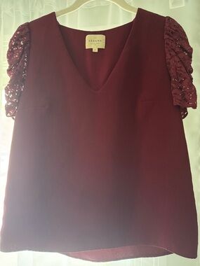 Sezane Burgundy V-Neck Blouse with Lace Puff Sleeves